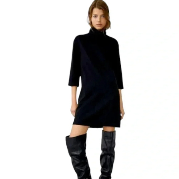 Zara Dresses & Skirts - ZARA | Black Turtleneck Mini Shift Cotton Elbow Sleeves Sweatshirt Dress Size M